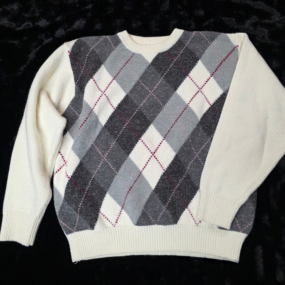 Alfred Dunner Argyle Sweater Women XL Cream Grey Knit Pullover‎ Cottagecore GUC
